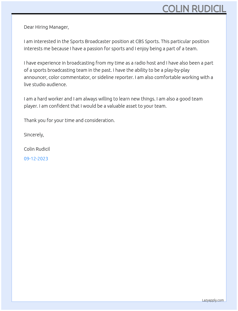 Sports Broadcaster At CBS Sports Cover Letter