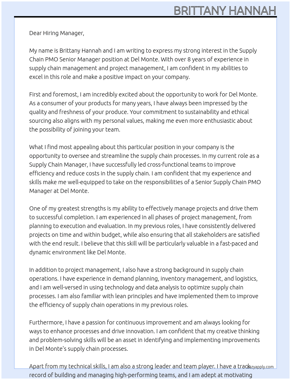 Supply Chain PMO Senior Manager At Del Monte Cover Letter