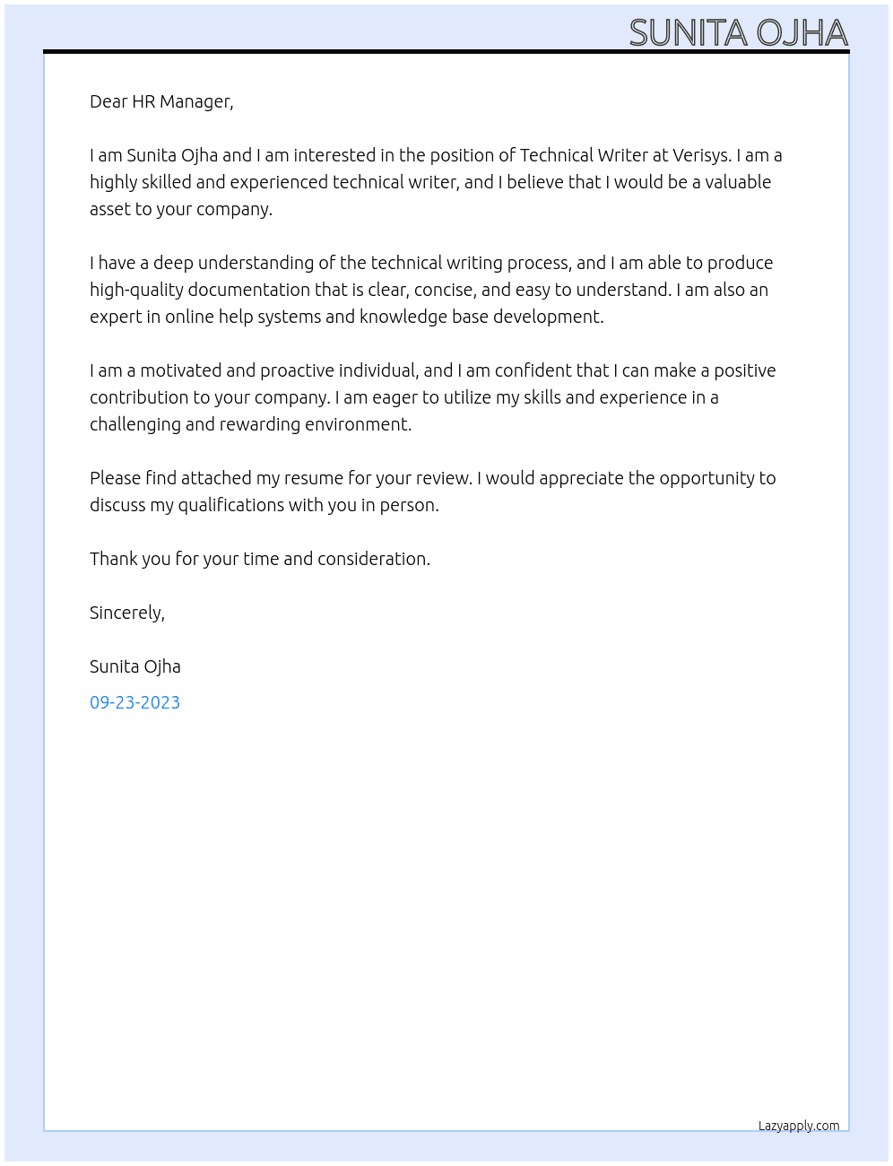 Technical writer  At Verisys Cover Letter