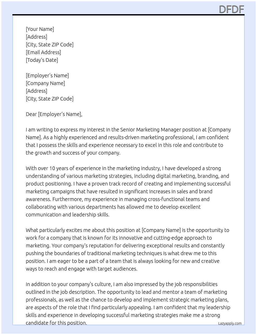 senior marketing manager At sdfsdf Cover Letter