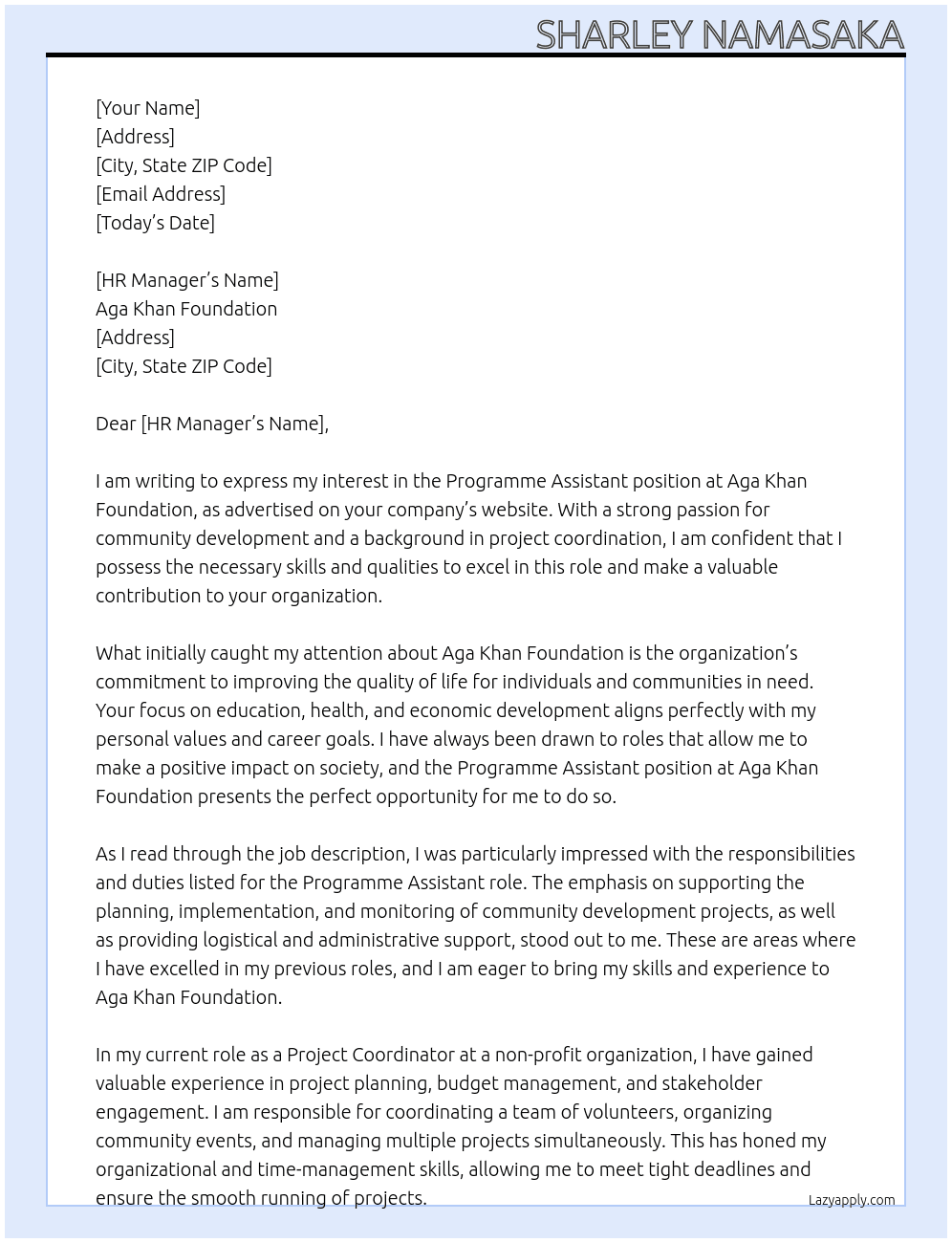 Programme Assistant At Aga Khan Foundation Cover Letter
