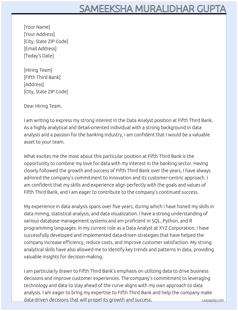 Data Analyst At Fifth Third Bank Cover Letter