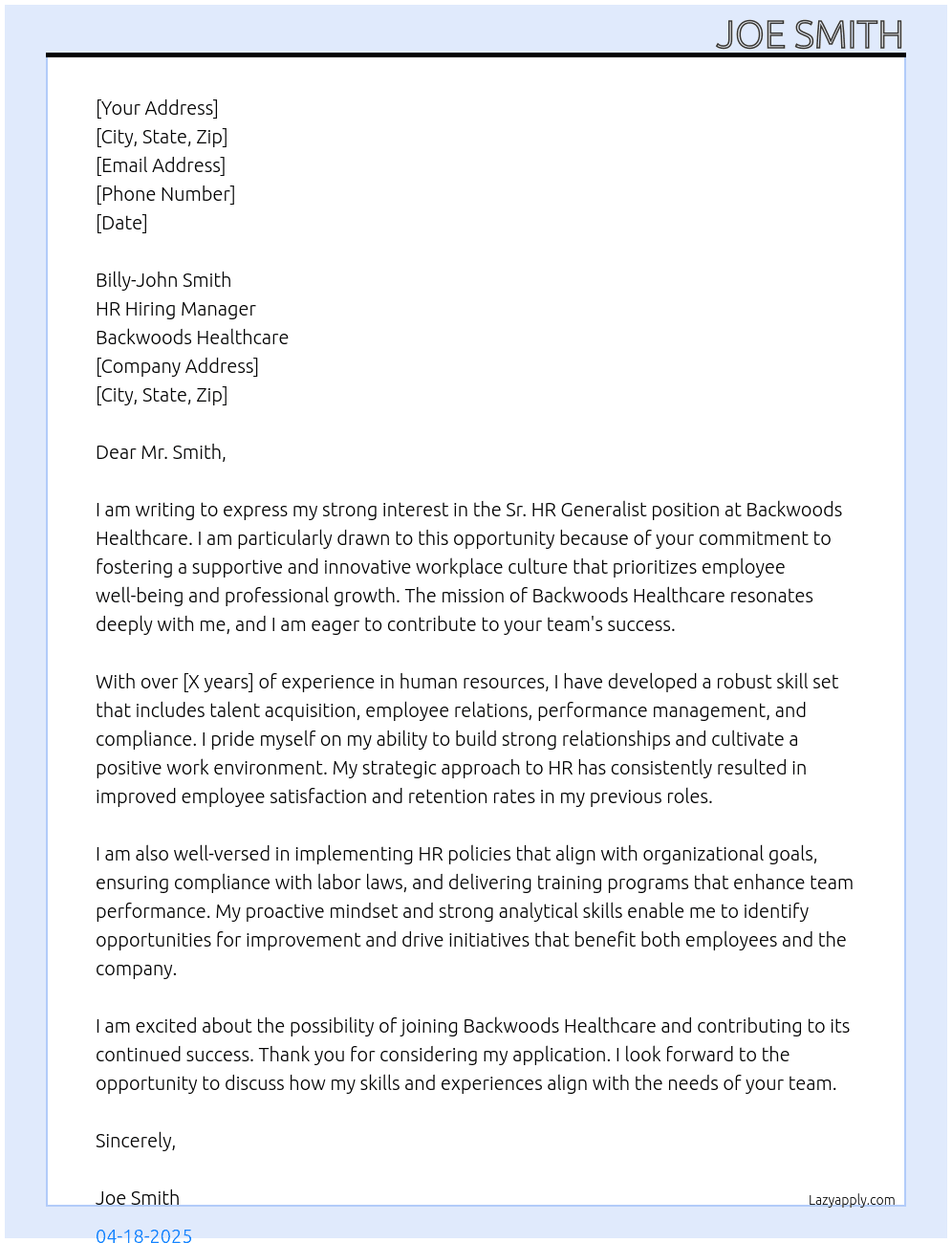 Sr. HR Generalist At Backwoods Healthcare Cover Letter