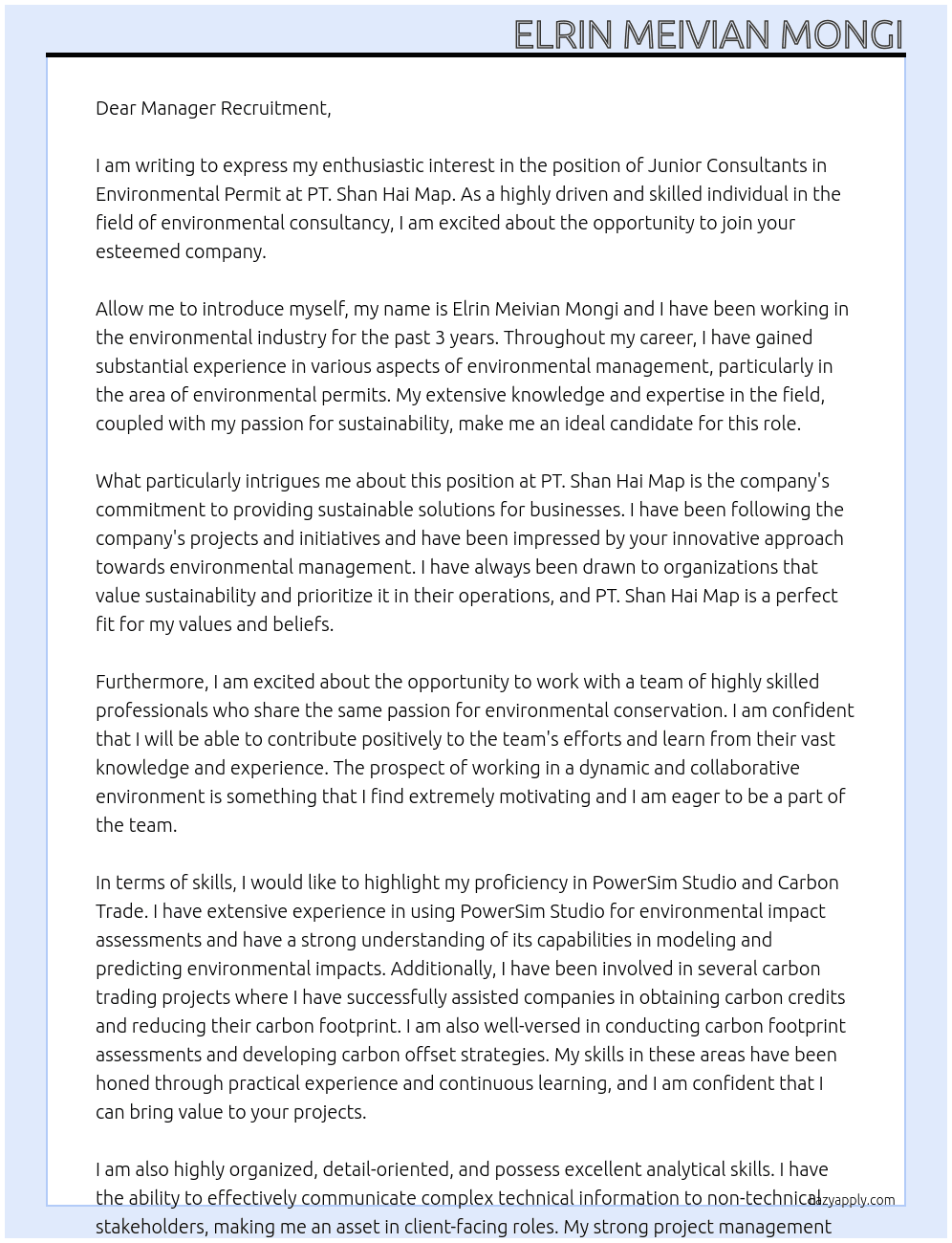 Junior Consultants Enviromental Permit At PT. Shan Hai Map Cover Letter