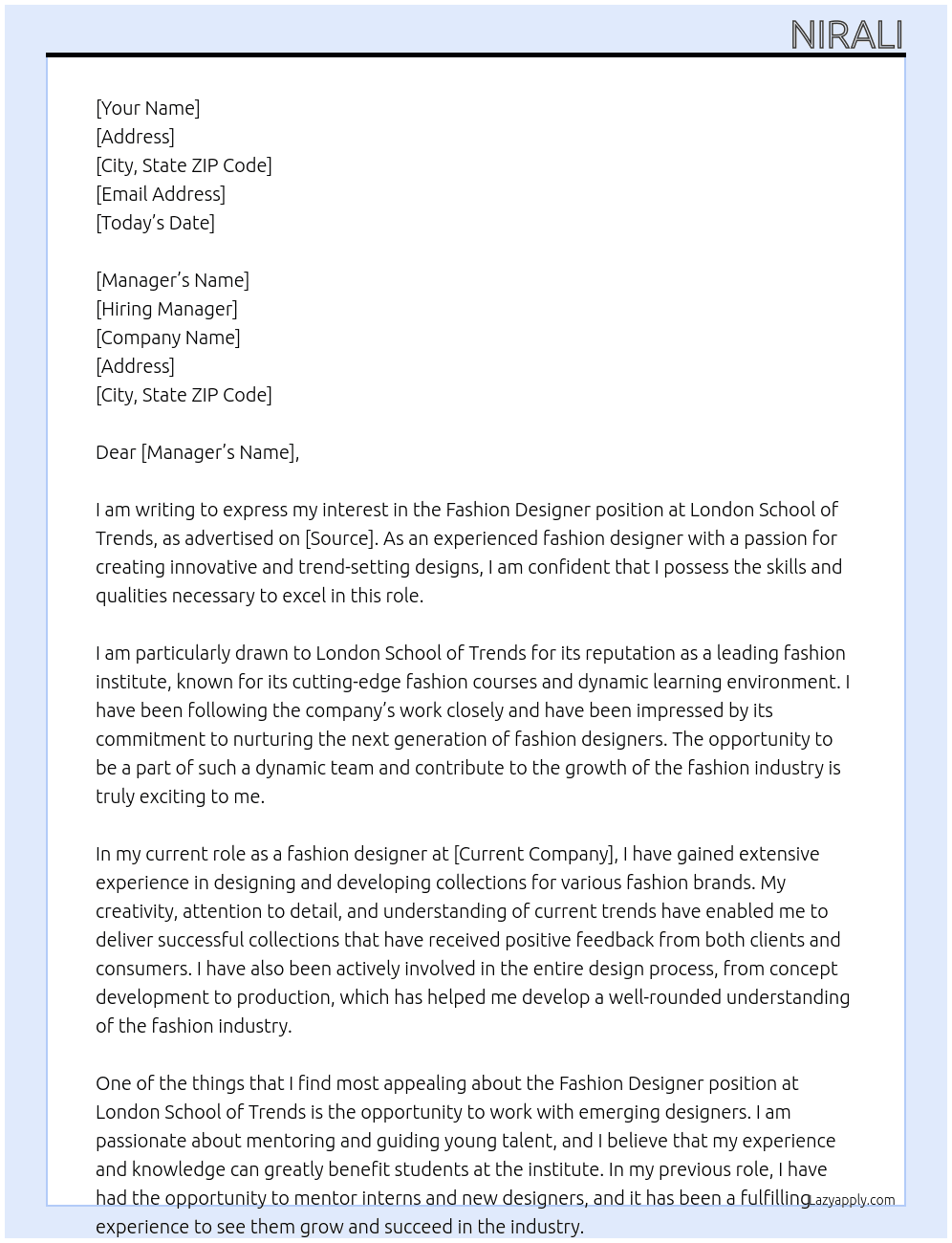fashion designer At London School of trends Cover Letter