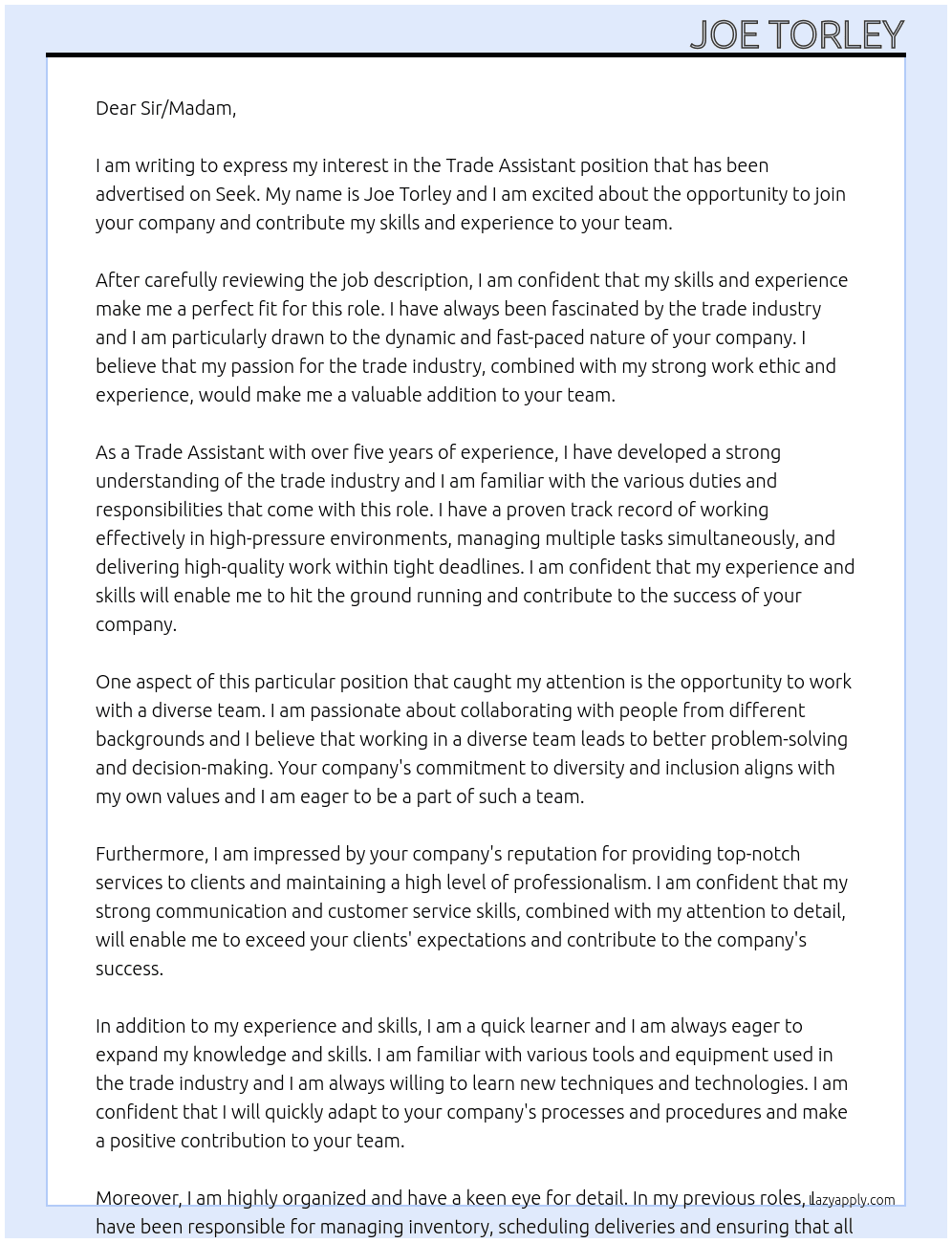 Trade Assistant At job advertised on seek Cover Letter