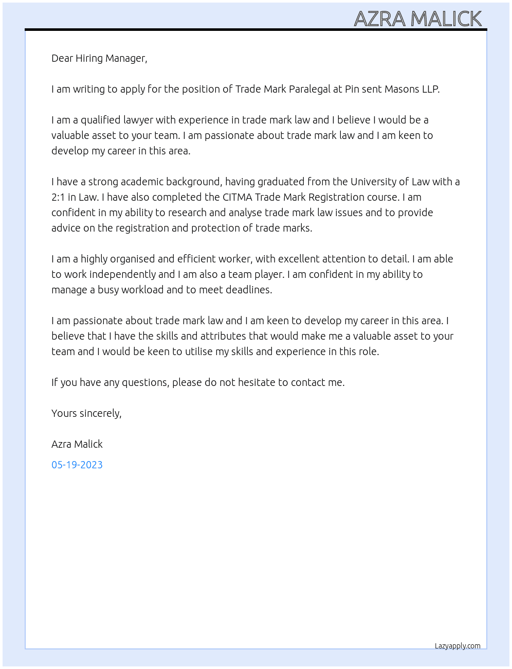 Trade Mark Paralegal  At Pin sent Masons LLP Cover Letter