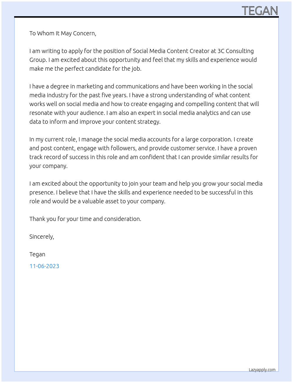 Social Media Content Creator  At 3C Consulting Group Cover Letter