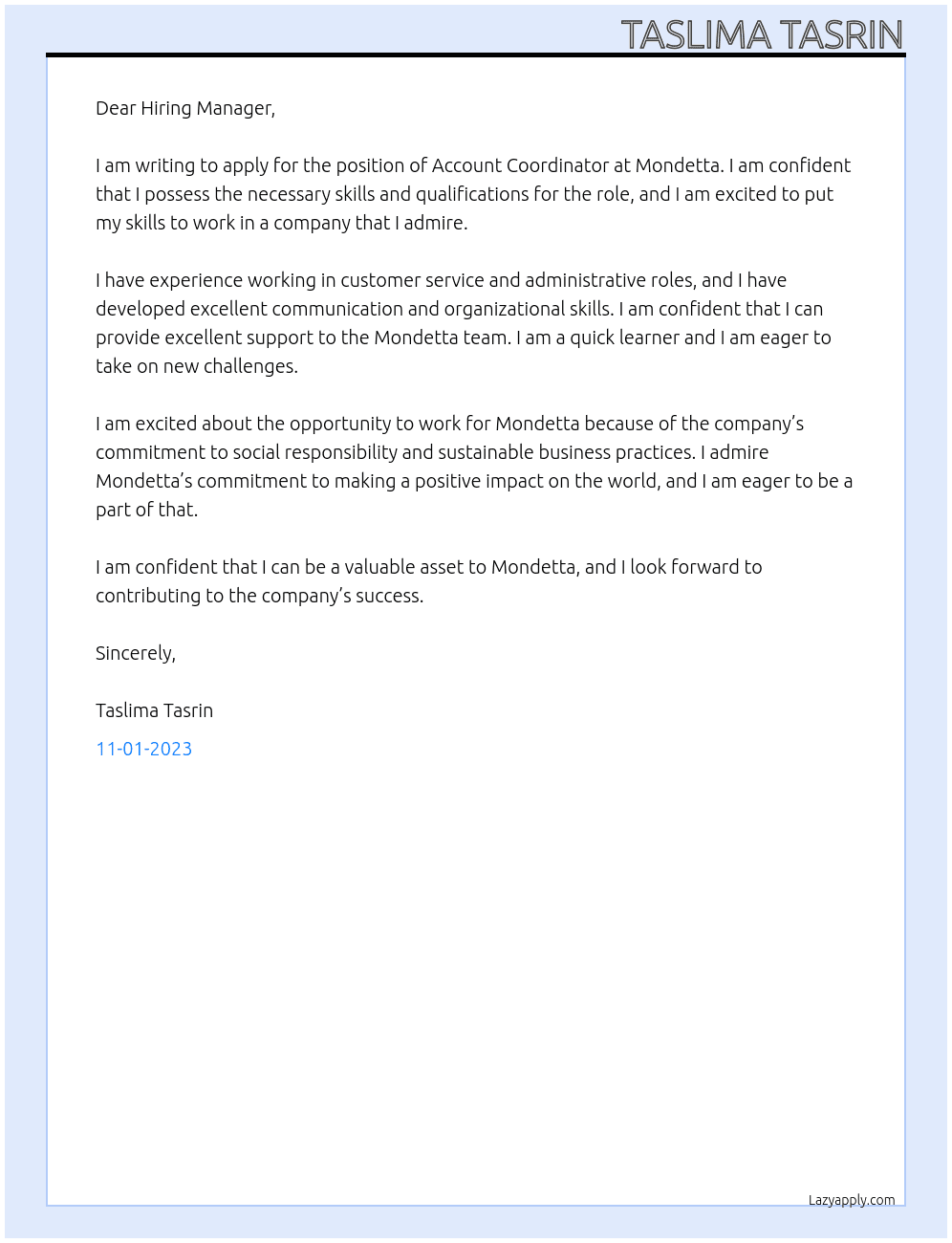 Account Coordinator At Mondetta  Cover Letter