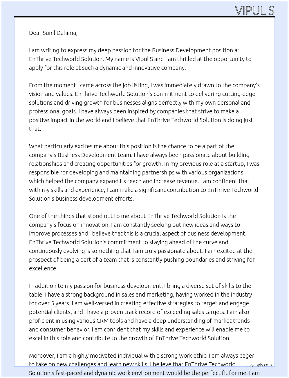 Bussiness Development  At EnThrive Techworld Solution  Cover Letter