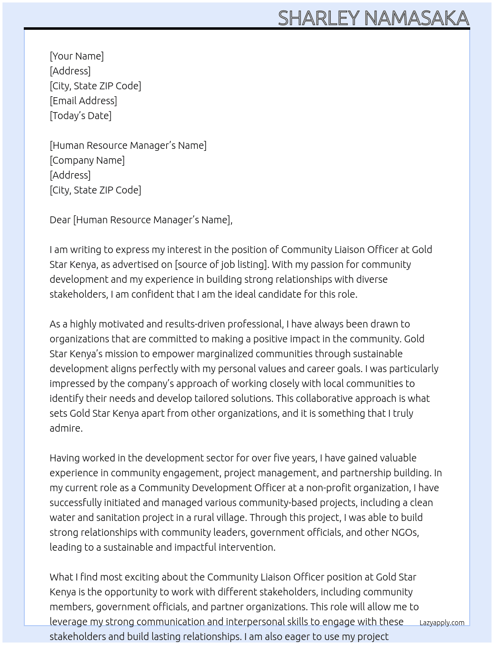 Community Liason Officer  At Gold star Kenya  Cover Letter