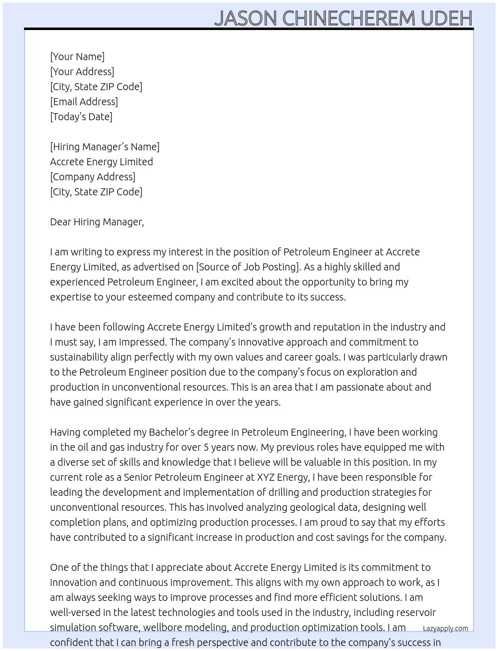 Petroleum Engineer At Accrete Energy Limited Cover Letter