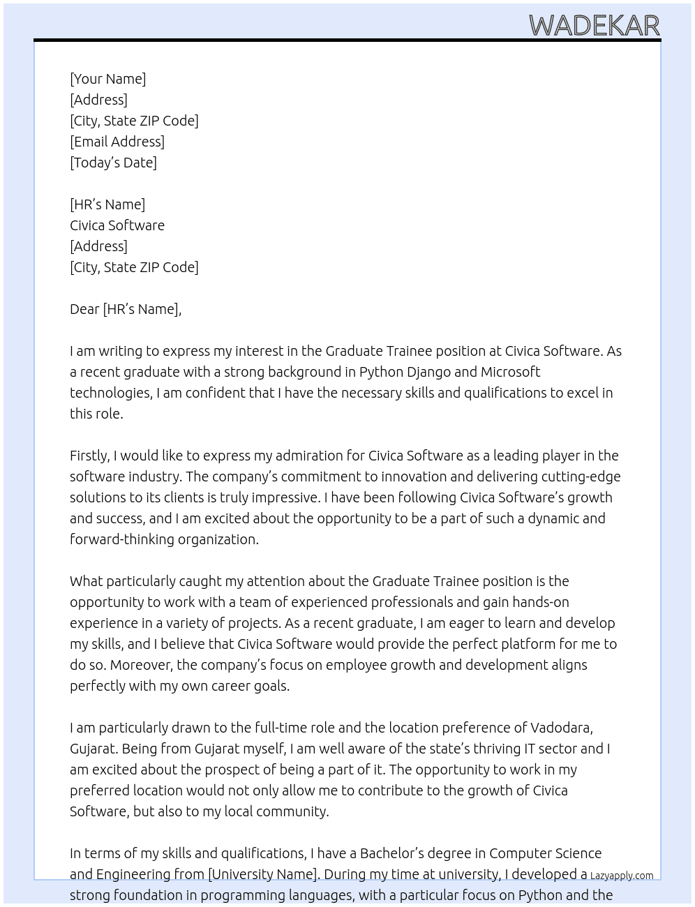 Graduate trainee At Civica software Cover Letter