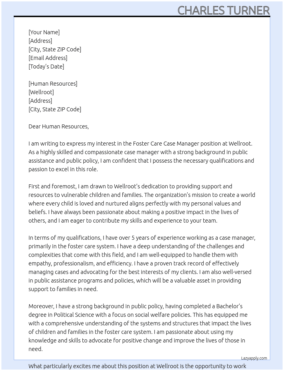 Foster Care Case Manager At Wellroot Cover Letter