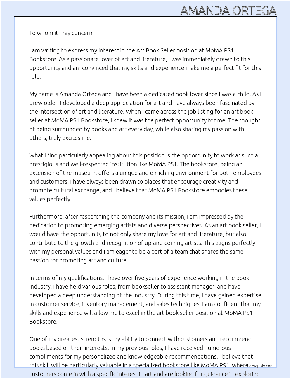 art Book Seller At MoMA PS1 Bookstore Cover Letter