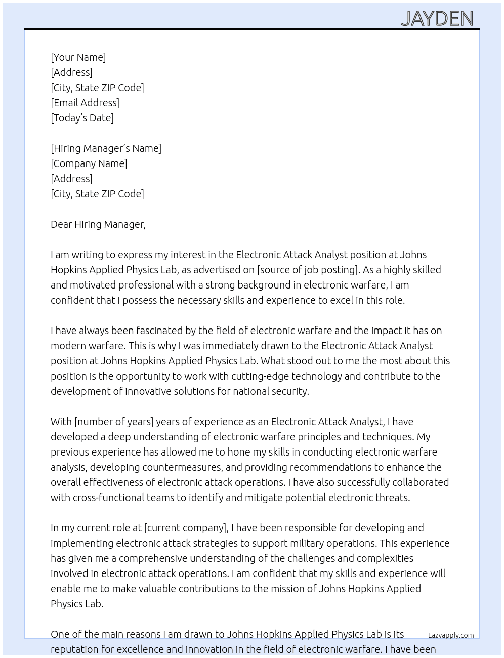 Electronic Attack Analyst  At Johns Hopkins Applied Physics Lab  Cover Letter