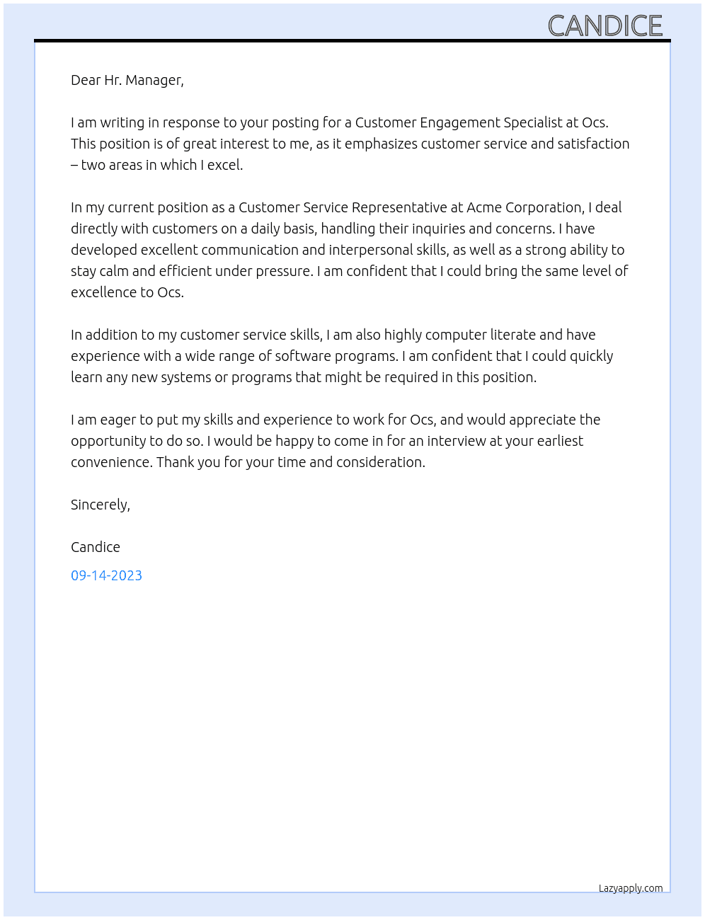 Customer engagement specialist  At Ocs  Cover Letter