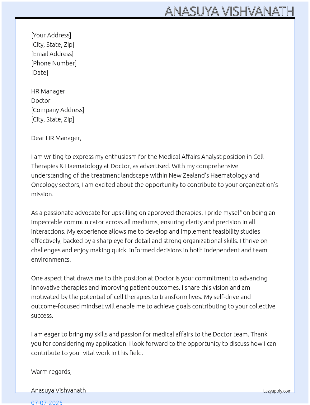 Medical Affairs Analyst - Cell Therapies & Haematology At doctor Cover Letter
