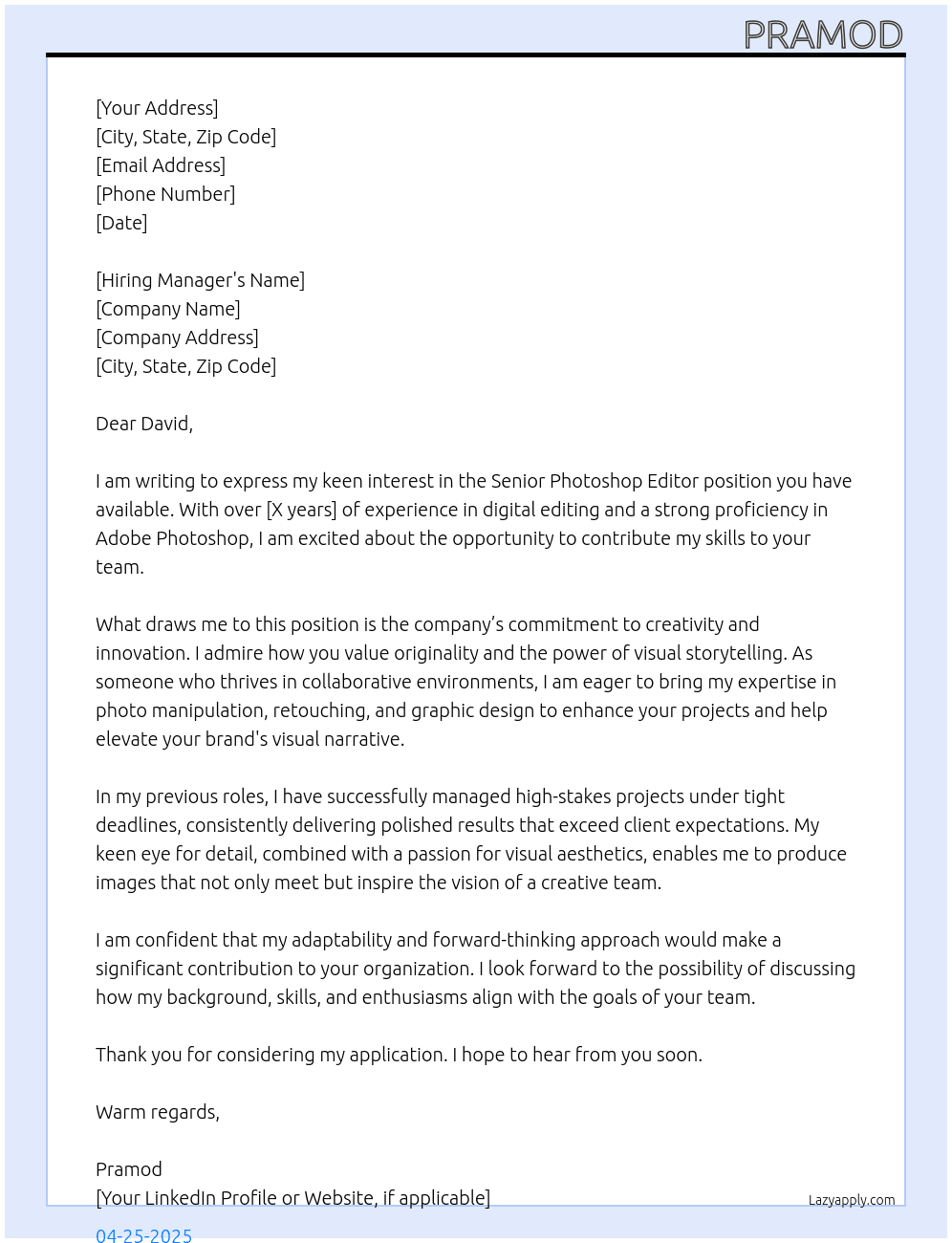 Senior Photoshop Editor At Not Mentioned Cover Letter