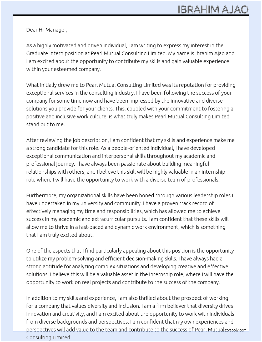 Graduate Intern At Pearl Mutual Consulting Limited Cover Letter
