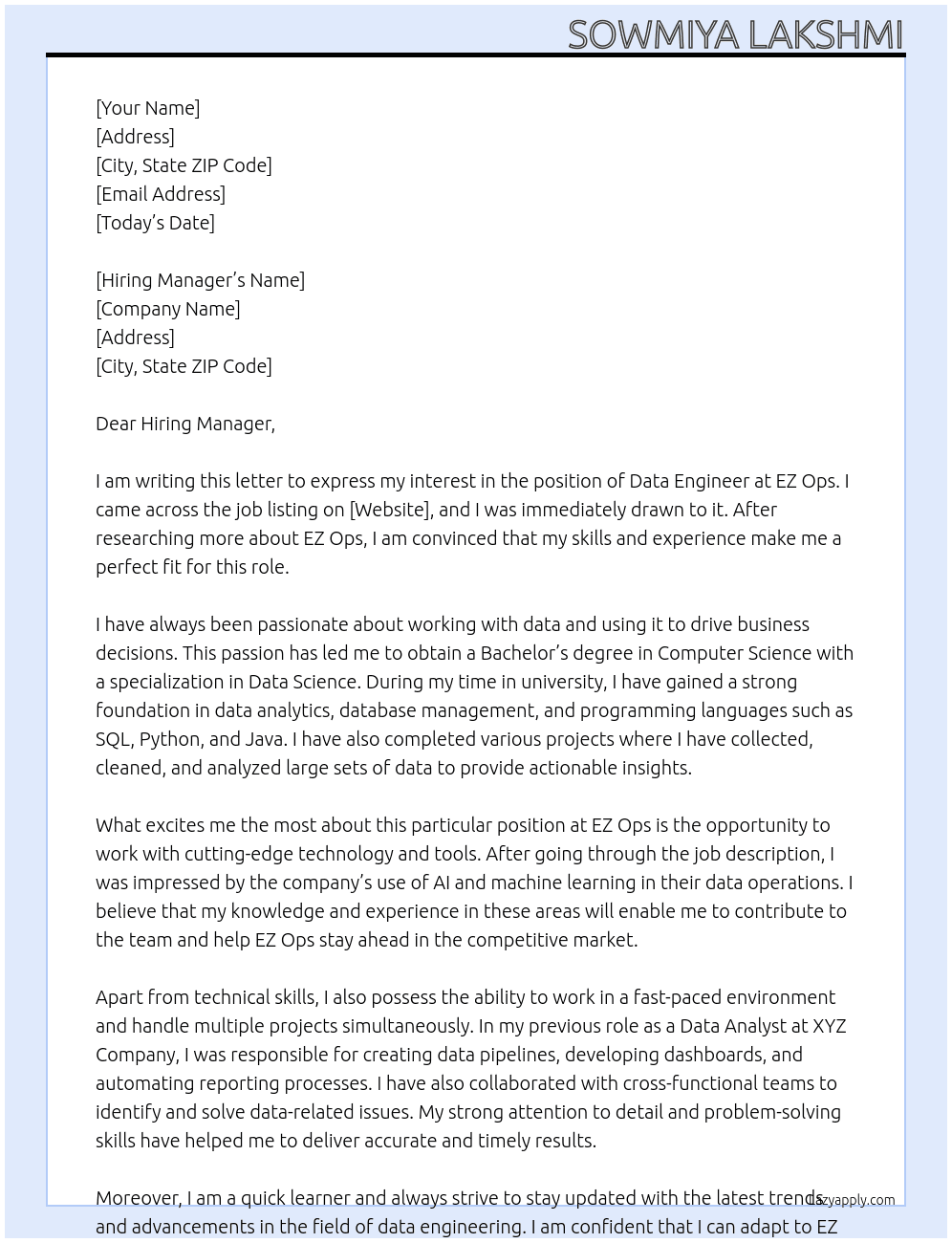 Data engineer At EZ ops Cover Letter