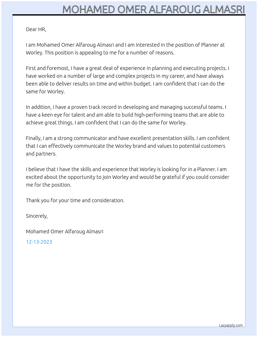 Planner At worley Cover Letter
