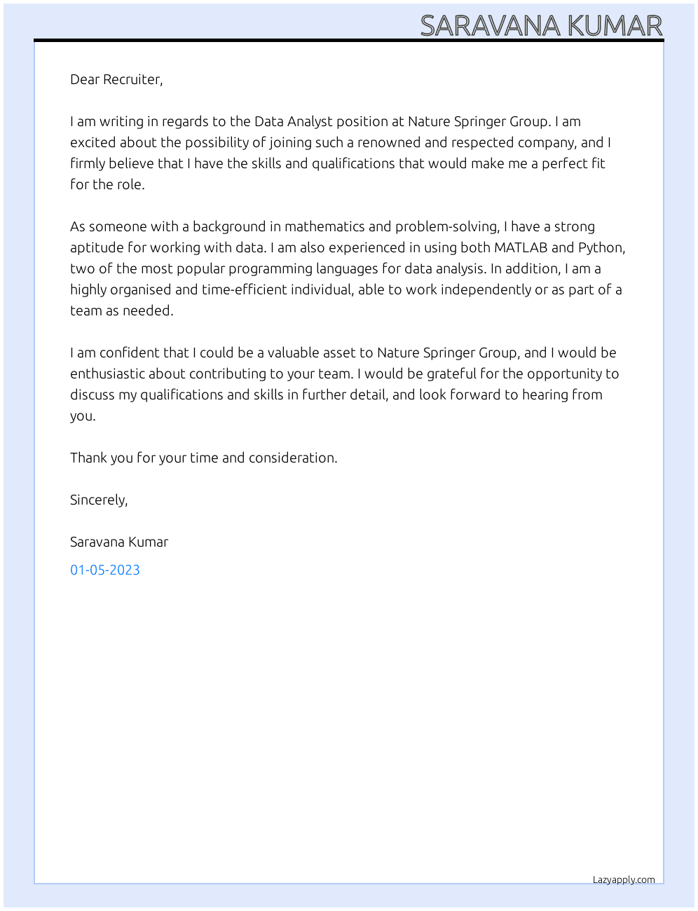 Data analyst At Nature Springer Group Cover Letter