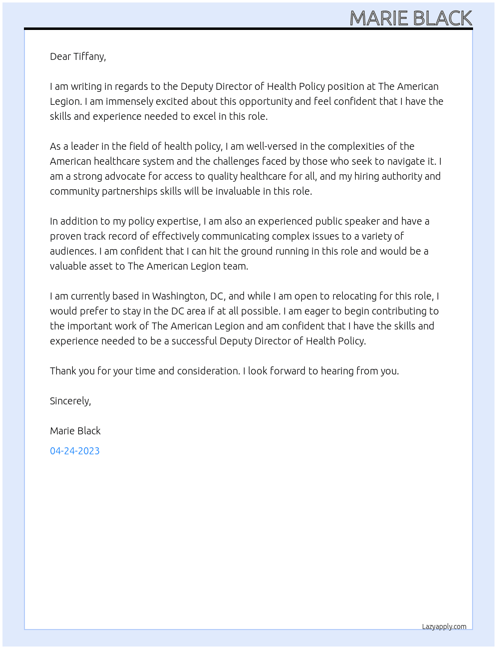 Deputy Director of Health Policy At The American Legion Cover Letter