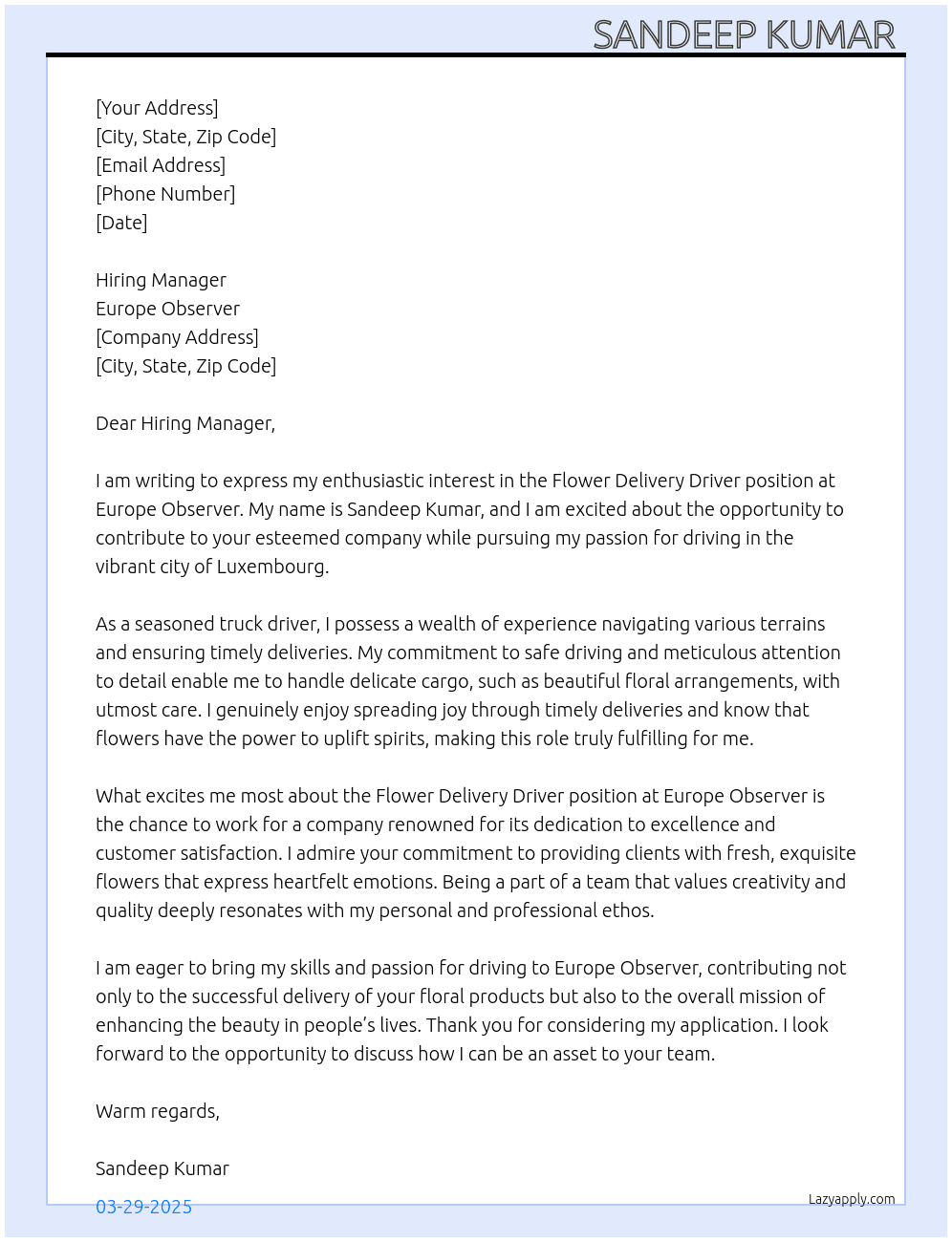 Flower delivery driver At Europe observer Cover Letter