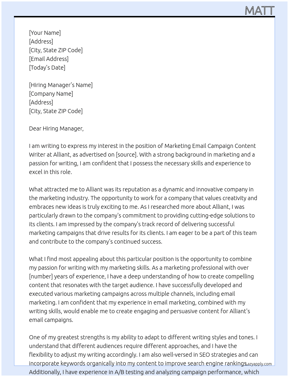 Marketing Email Campaign Content Writer with background  At Alliant Cover Letter