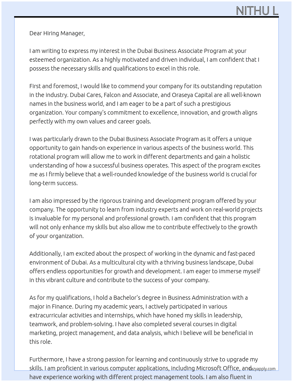 Cover letter for dubai bussiness associate program - LazyApply