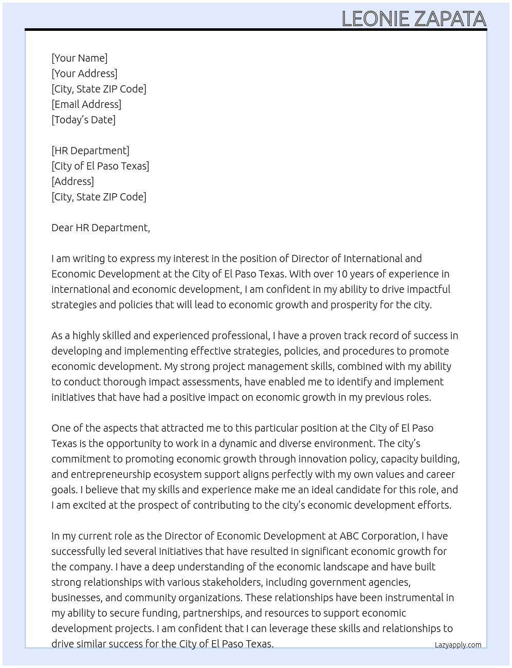 Director of International and Economic Development At City of El Paso Texas Cover Letter