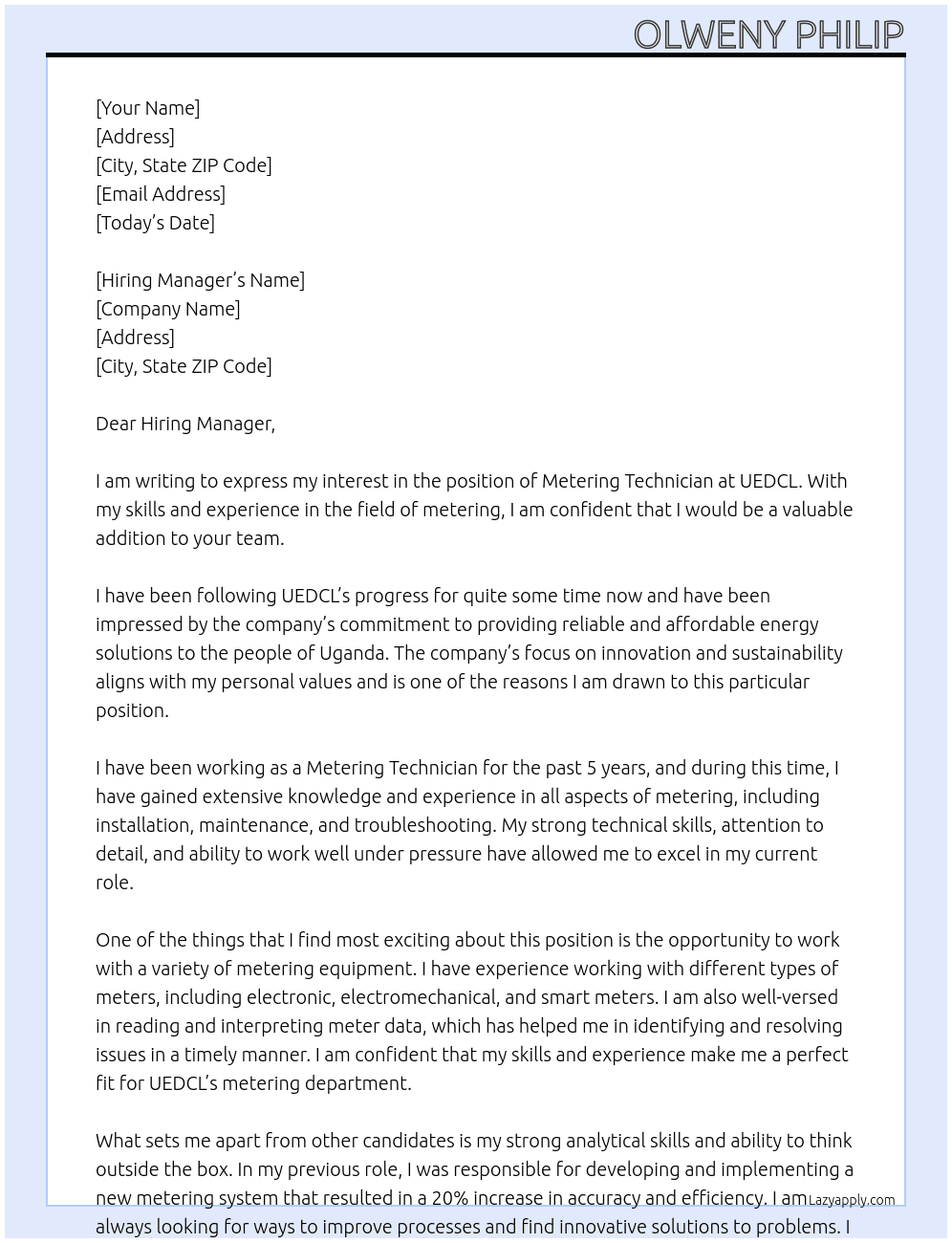 METERING TECHNICIAN At UEDCL Cover Letter
