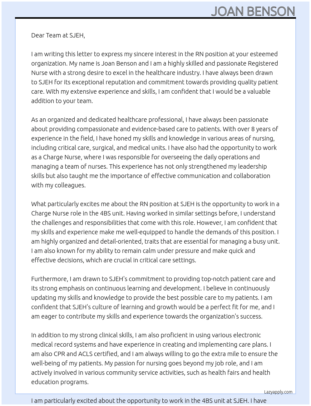 RN At SJEH Cover Letter