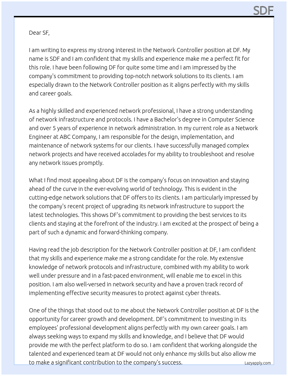 network controller At df Cover Letter