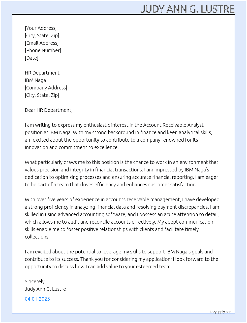 Cover letter for account receivable analyst - LazyApply