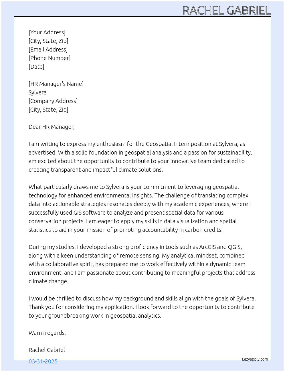 Cover letter for geospatial intern - LazyApply