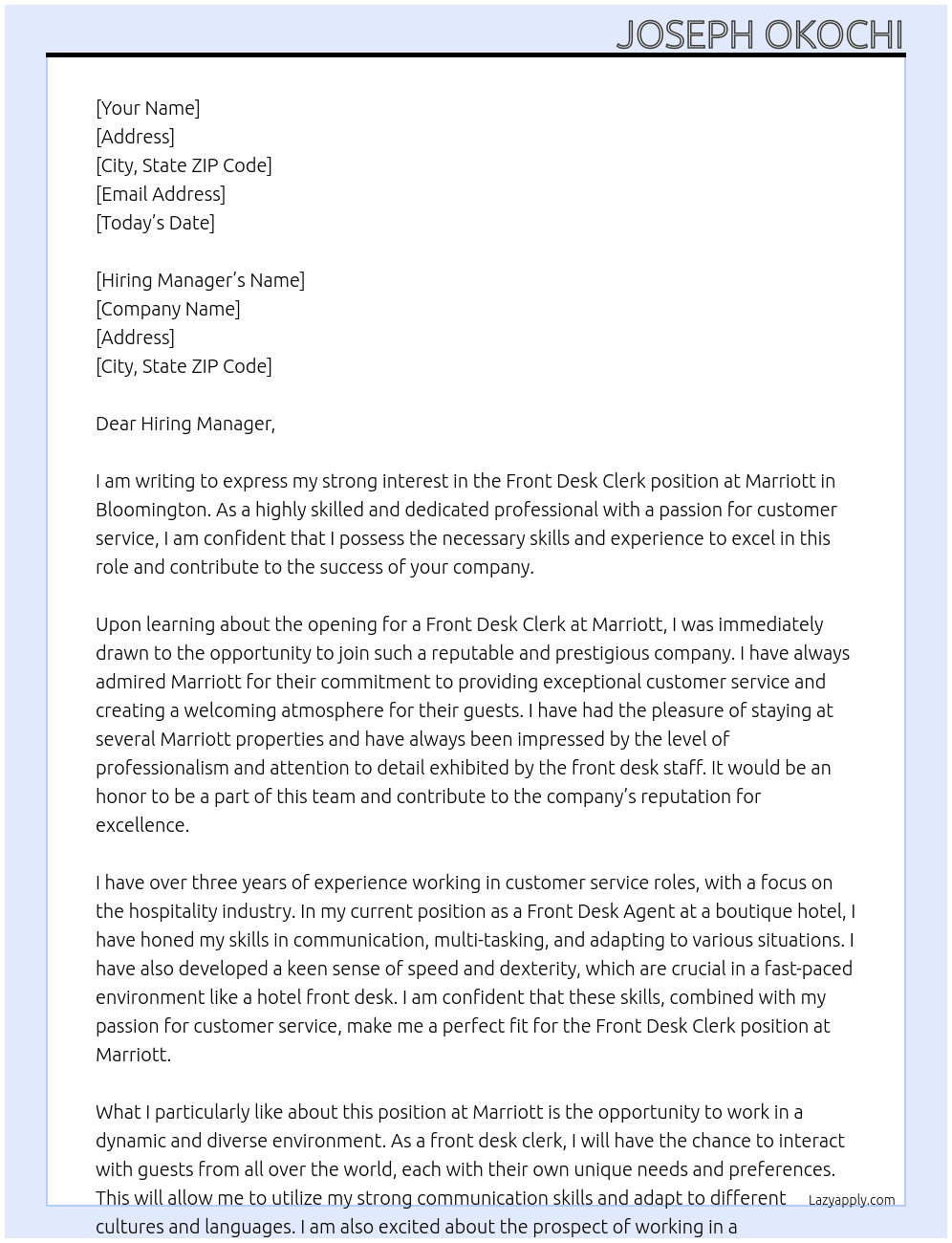 Cover letter for front desk clerk - LazyApply