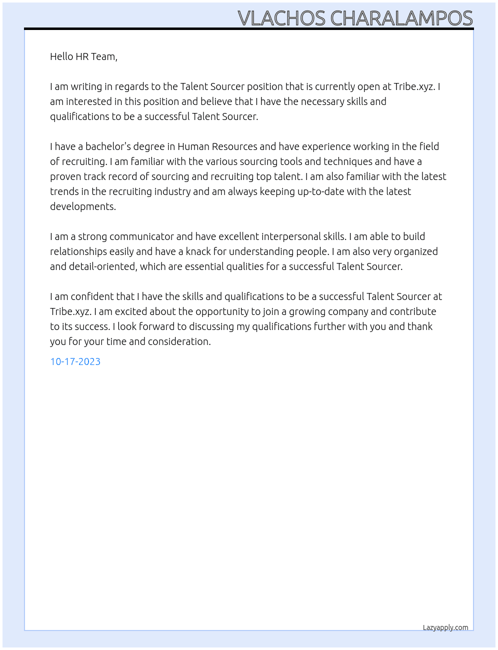 Talent Sourcer At Tribe.xyz Cover Letter