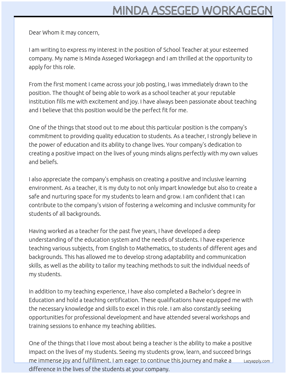 School teacher At Whom it may concern  Cover Letter