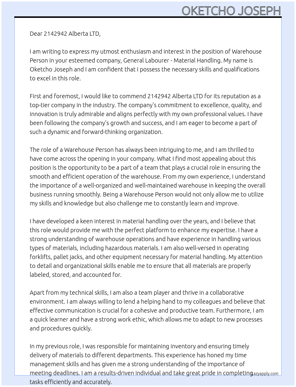 Warehouse person At General labourer - material handling Cover Letter