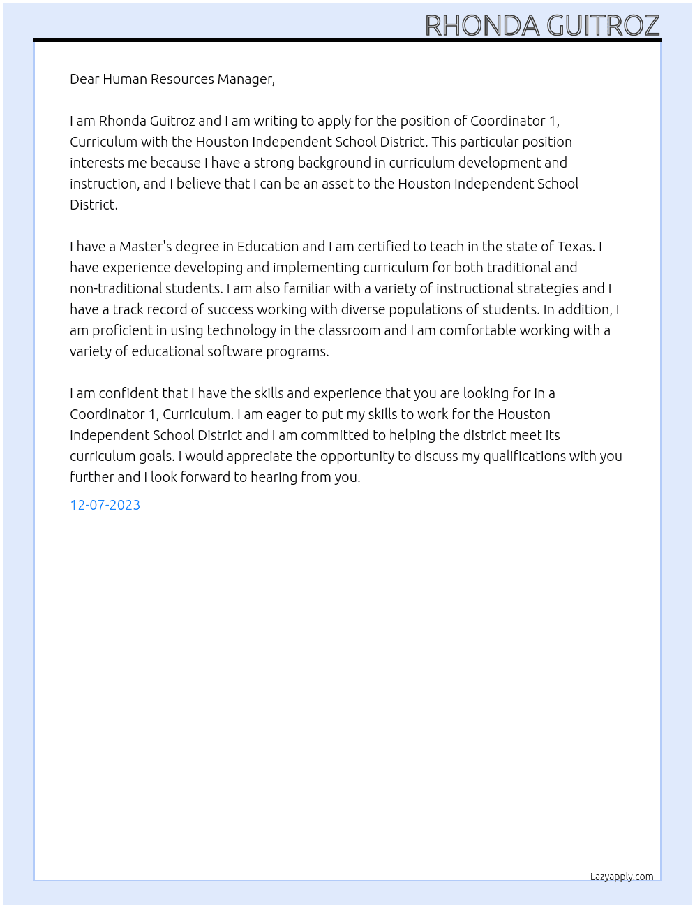 Coordinator 1, Curriculum At Houston Independent School District Cover Letter