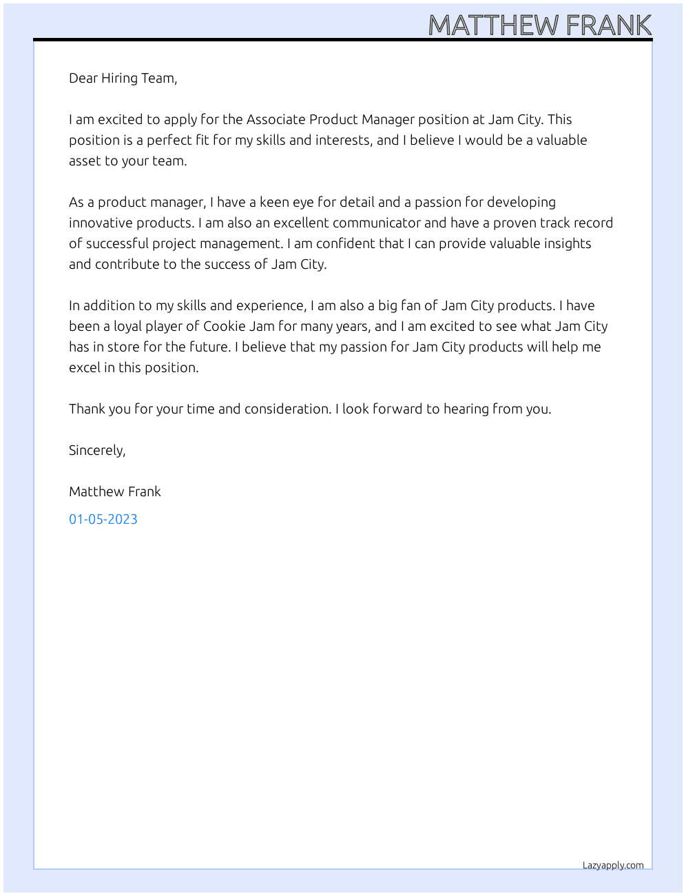 Associate Product Manager At Jam City Cover Letter