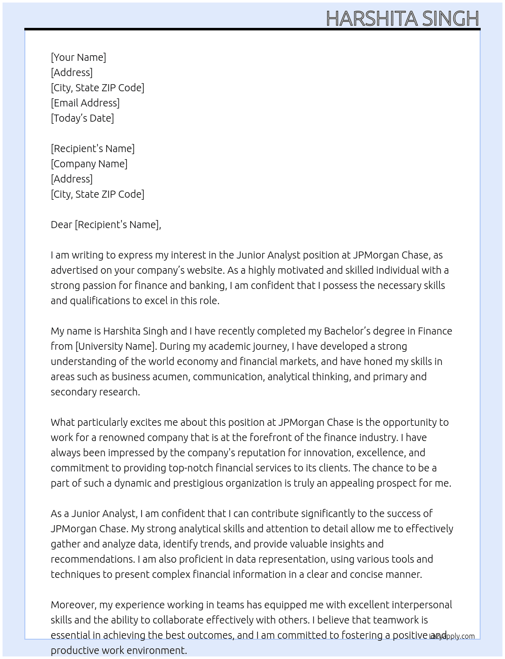Junior Analyst At JPMorgan Chase Cover Letter