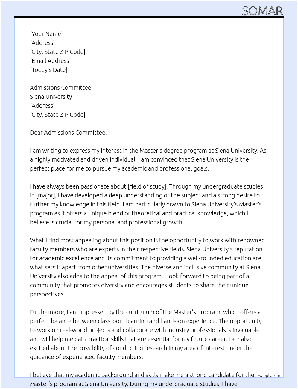 Master's degree At Siena University  Cover Letter