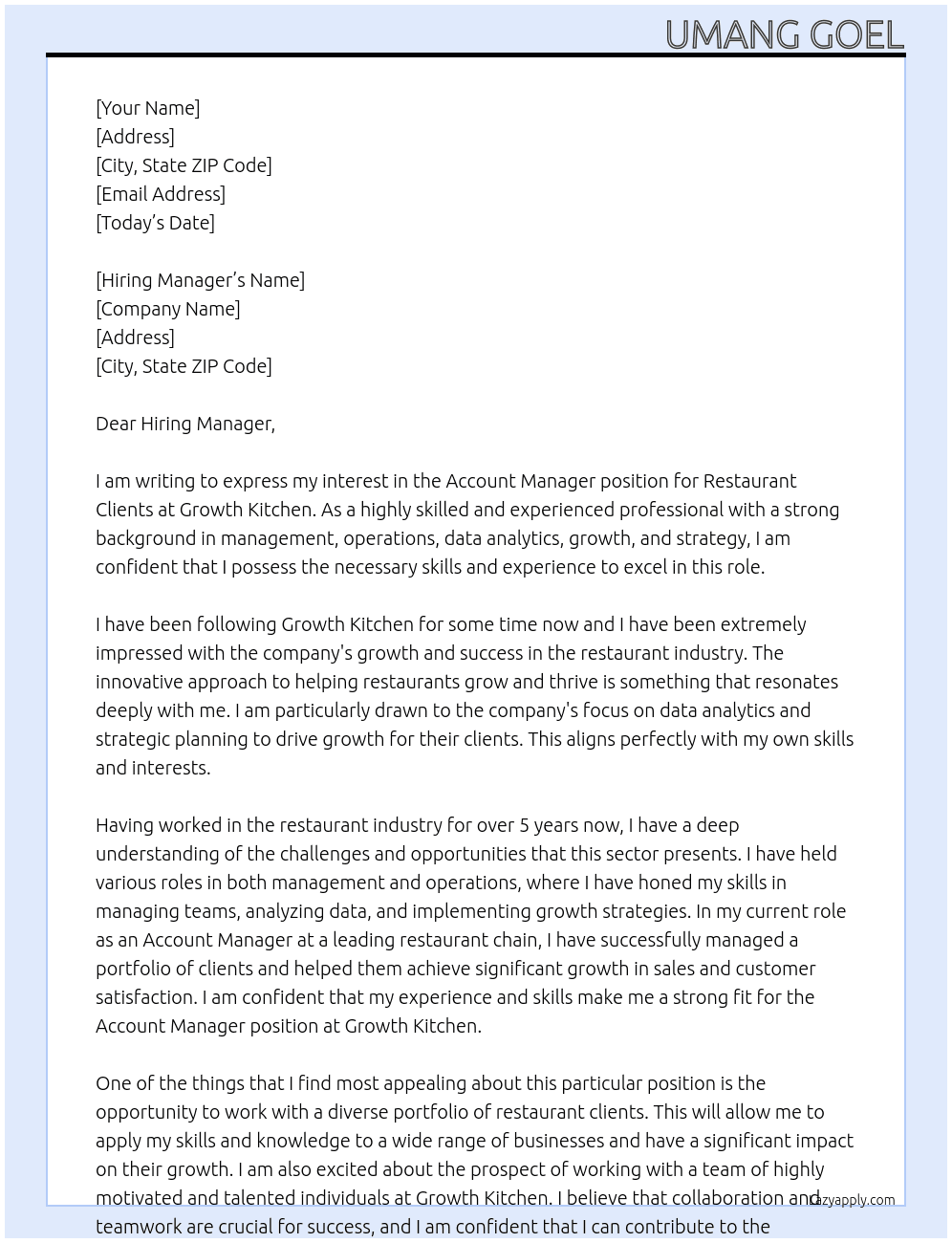 Account Manager - Restaurant Clients At Growth Kitchen Cover Letter