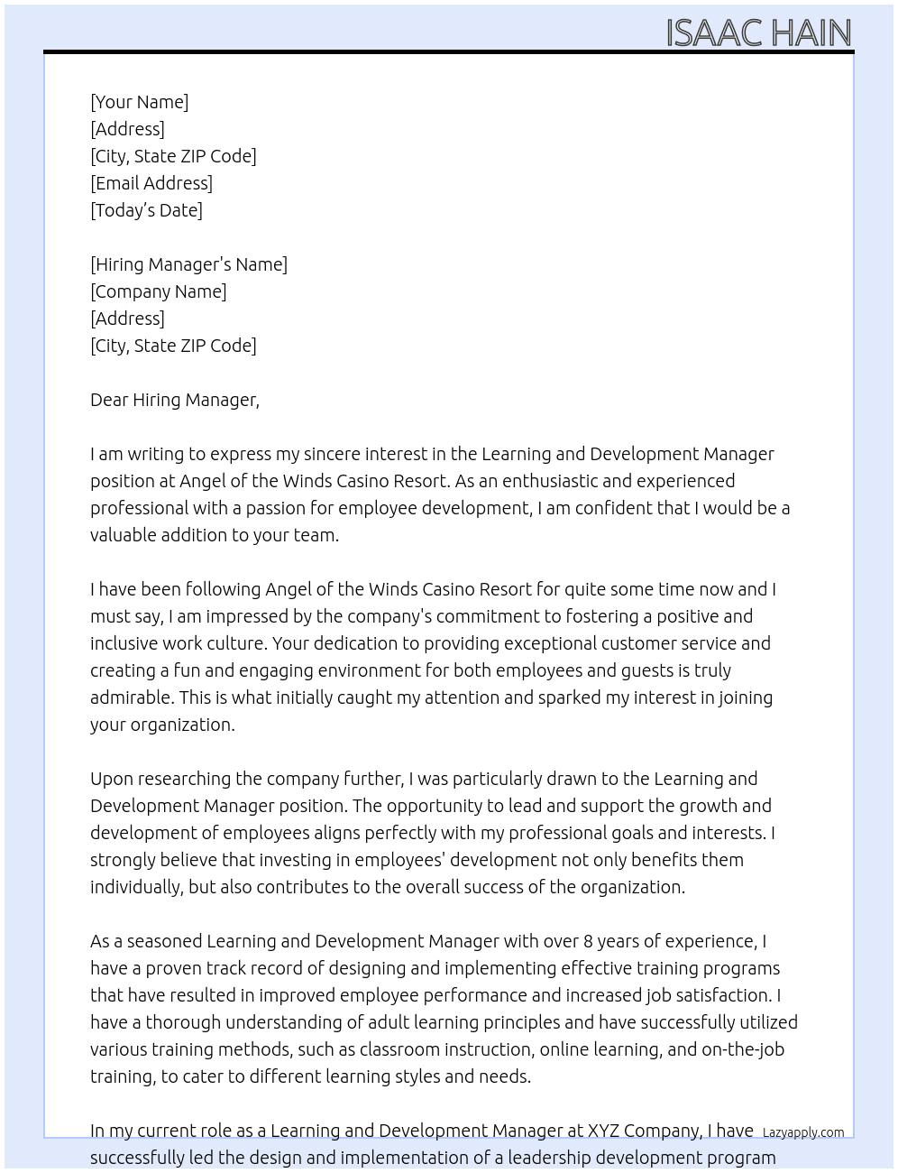 Learning and Development Manager At Angel of the Winds Casino Resort Cover Letter