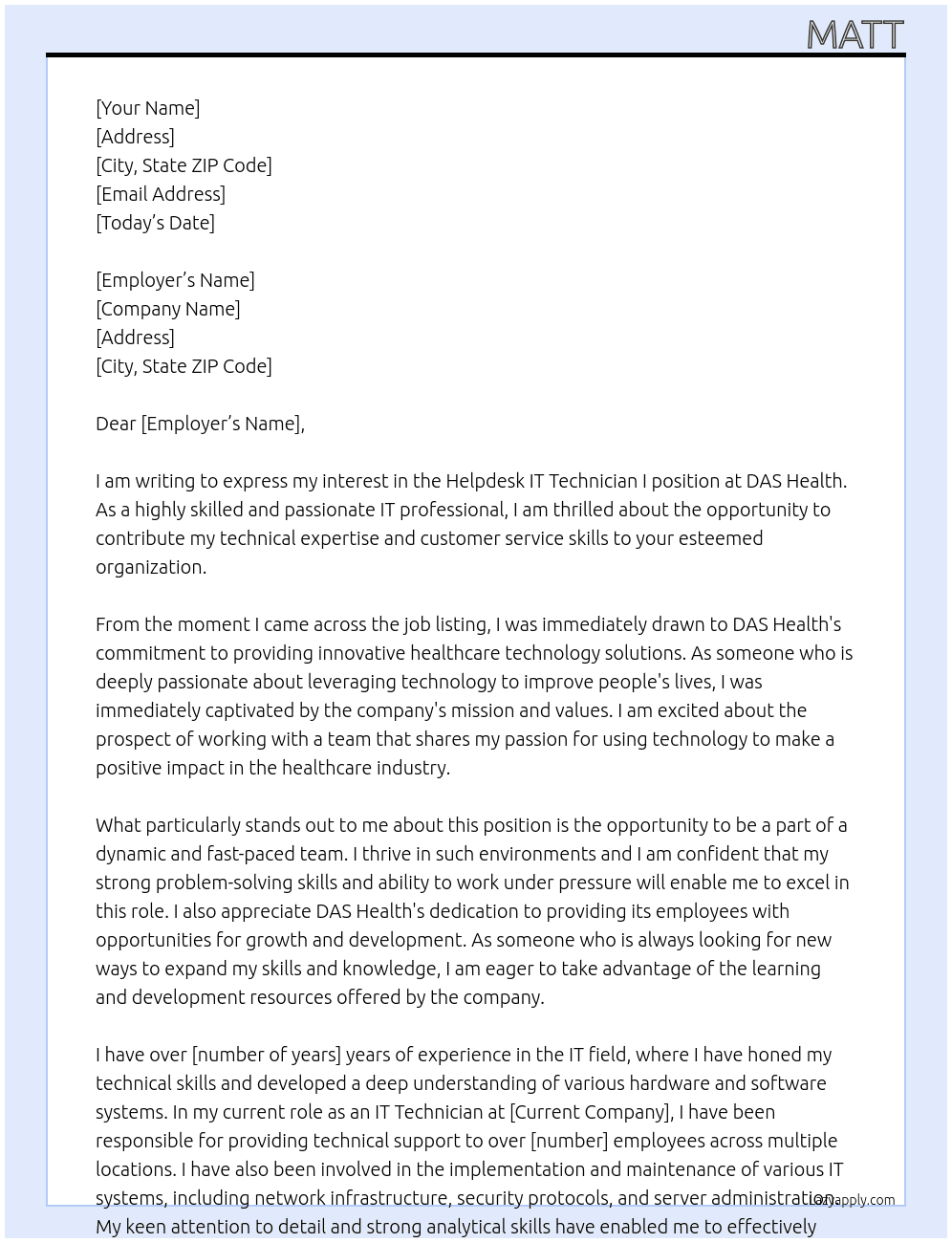 Helpdesk IT Technician I At DAS Health Cover Letter