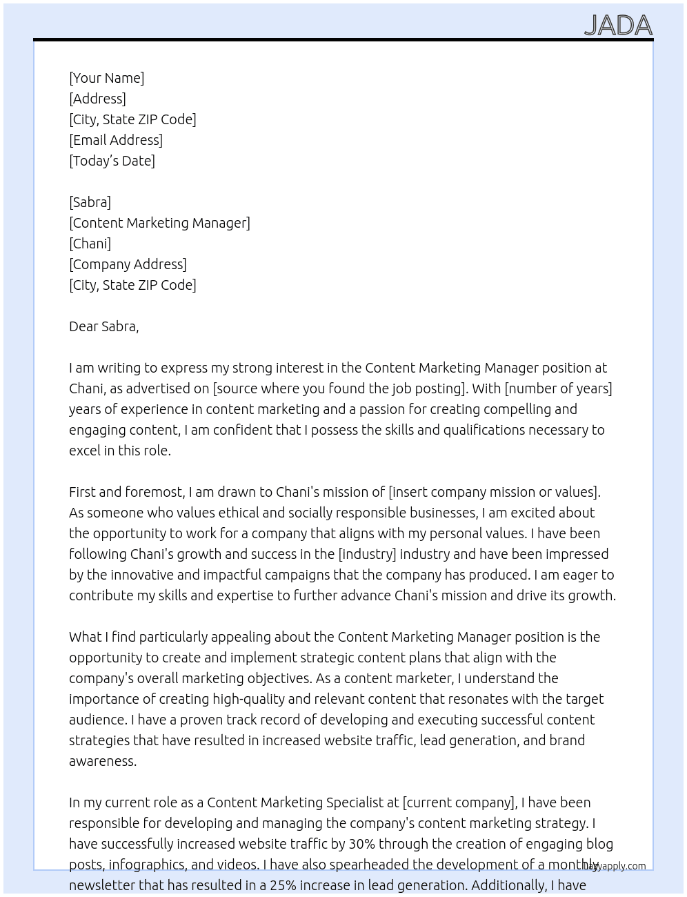 content marketing manager At chani Cover Letter
