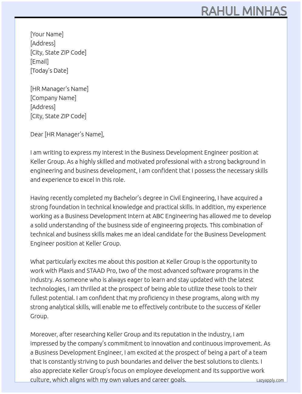 Business Development Engineer At Keller Group Cover Letter